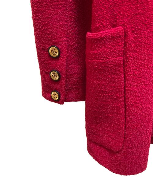 CHANEL（シャネル）CHANEL (シャネル) ヴィンテージココマークボタンノーカラーツイードジャケット レッド サイズ:38の古着・服飾アイテム