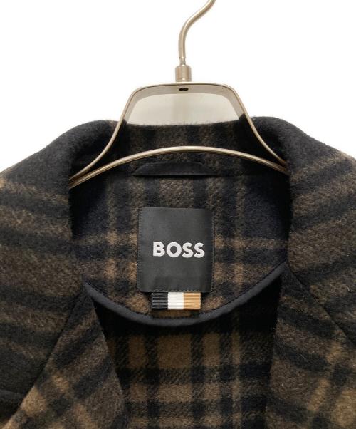 BOSS（ボス）BOSS (ボス) リラックスフィット ブラック チェック ウール チェスターコート ブラウン サイズ:UK50の古着・服飾アイテム