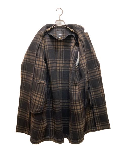 BOSS（ボス）BOSS (ボス) リラックスフィット ブラック チェック ウール チェスターコート ブラウン サイズ:UK50の古着・服飾アイテム