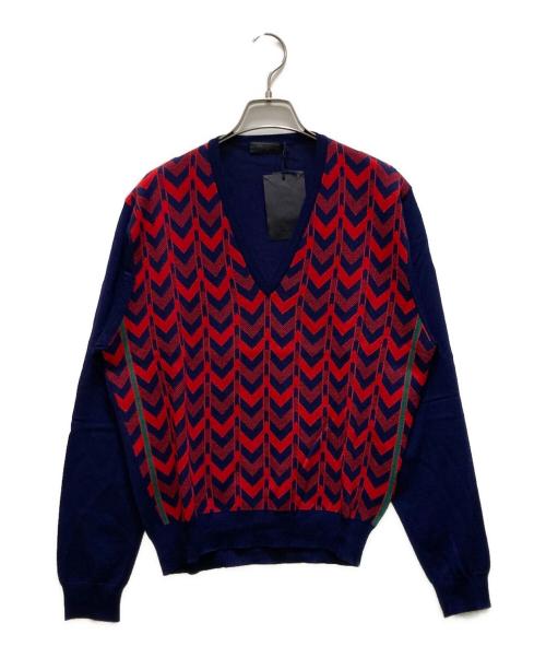 PRADA（プラダ）PRADA (プラダ) ジオメトリック Vネック セーター ネイビー×レッド サイズ:48の古着・服飾アイテム
