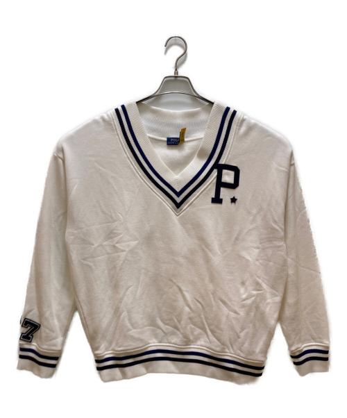 POLO RALPH LAUREN（ポロ・ラルフローレン）POLO RALPH LAUREN (ポロ・ラルフローレン) PワッペンVネックスウエット ホワイト×ネイビー サイズ:Lの古着・服飾アイテム