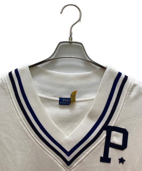 POLO RALPH LAUREN（ポロ・ラルフローレン）POLO RALPH LAUREN (ポロ・ラルフローレン) PワッペンVネックスウエット ホワイト×ネイビー サイズ:Lの古着・服飾アイテム