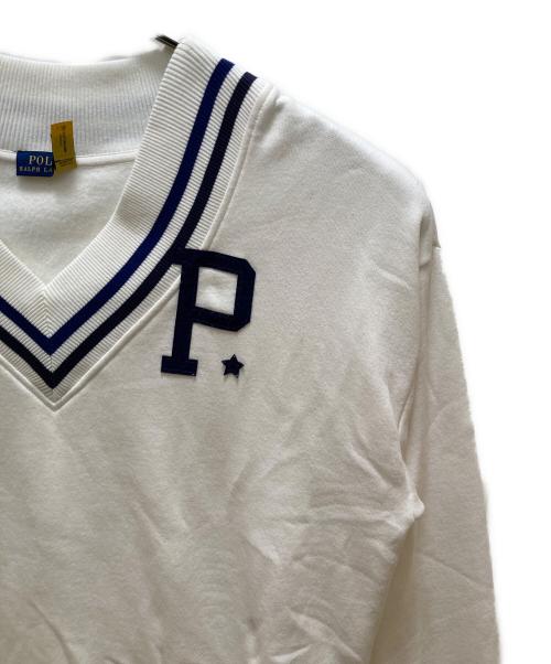 POLO RALPH LAUREN（ポロ・ラルフローレン）POLO RALPH LAUREN (ポロ・ラルフローレン) PワッペンVネックスウエット ホワイト×ネイビー サイズ:Lの古着・服飾アイテム