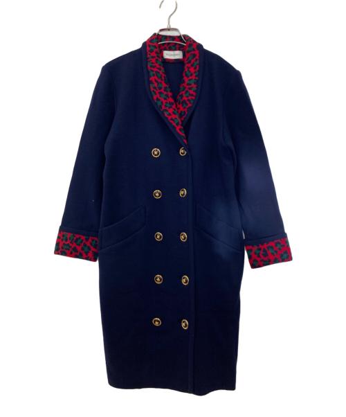 Yves Saint Laurent（イヴサンローラン）Yves Saint Laurent (イヴサンローラン) レオパード切替ショールカラーダブルニットコート ネイビー サイズ:Mの古着・服飾アイテム