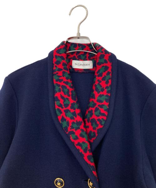 Yves Saint Laurent（イヴサンローラン）Yves Saint Laurent (イヴサンローラン) レオパード切替ショールカラーダブルニットコート ネイビー サイズ:Mの古着・服飾アイテム