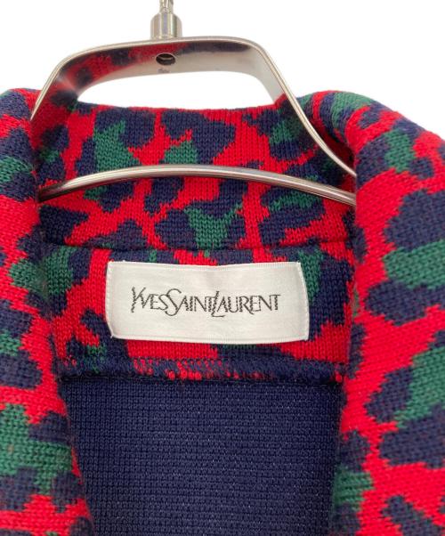 Yves Saint Laurent（イヴサンローラン）Yves Saint Laurent (イヴサンローラン) レオパード切替ショールカラーダブルニットコート ネイビー サイズ:Mの古着・服飾アイテム