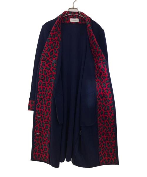 Yves Saint Laurent（イヴサンローラン）Yves Saint Laurent (イヴサンローラン) レオパード切替ショールカラーダブルニットコート ネイビー サイズ:Mの古着・服飾アイテム