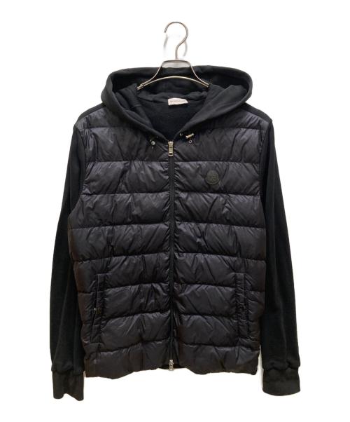 MONCLER（モンクレール）MONCLER (モンクレール) レザーワッペンロゴ スウェット切り替え フーデッド ジップアップ ダウンジャケット ブラック サイズ:Lの古着・服飾アイテム