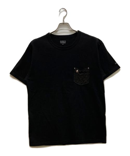 SCHOTT BROS.（ショット）SCHOTT BROS. (ショット) LEATHER PKT T ONE STAR スタースタッズ付 クルーネック レザーポケットTシャツ ブラック サイズ:XLの古着・服飾アイテム