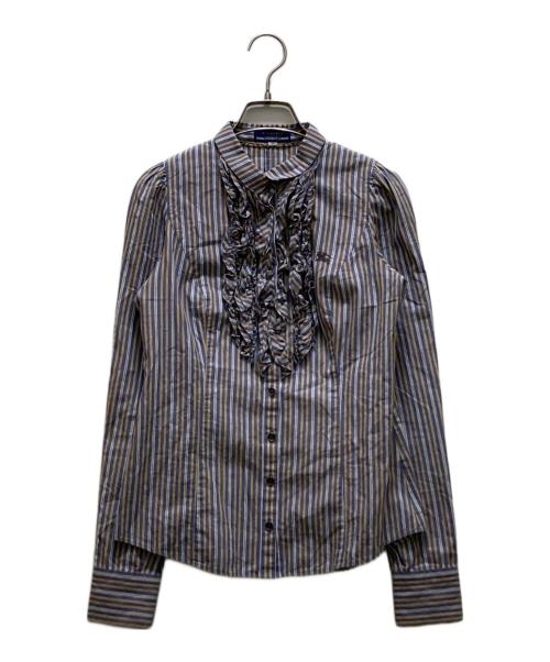 BURBERRY BLUE LABEL（バーバリー ブルー レーベル）BURBERRY BLUE LABEL (バーバリー ブルー レーベル) フリルストライプシャツブラウス ブルー サイズ:３６の古着・服飾アイテム
