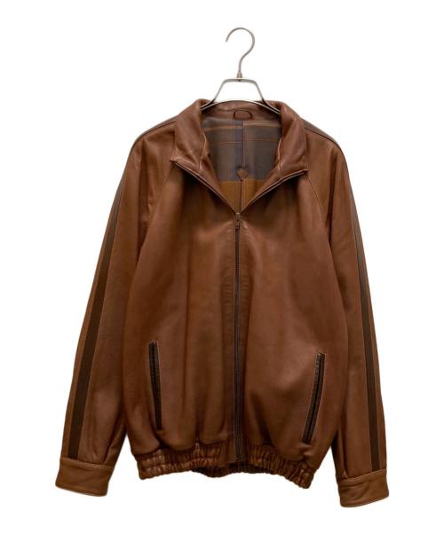 Salvatore Ferragamo（サルヴァトーレ フェラガモ）Salvatore Ferragamo (サルヴァトーレ フェラガモ) 裏地チェックシングルレザージャケット ブラウン サイズ:４６の古着・服飾アイテム