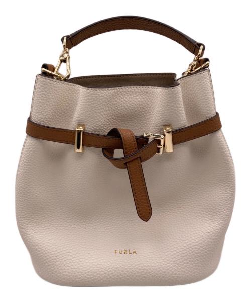 FURLA（フルラ）FURLA (フルラ) アウラ ミニ ドローストリングショルダーバッグ ホワイト×ブラウンの古着・服飾アイテム