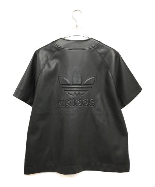 adidas（アディダス）adidas (アディダス) フェイクレザー アディカラー スリーストライプス ベースボールシャツ ブラック サイズ:Lの古着・服飾アイテム