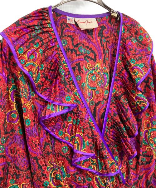 Susan Freis（スーザンフレイス）Susan Freis (スーザンフレイス) ヴィンテージプリントフリルブラウス レッド サイズ:記載なしの古着・服飾アイテム