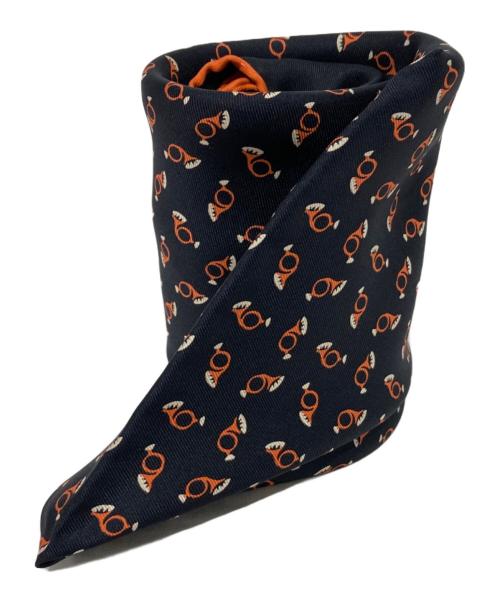 HERMES（エルメス）HERMES (エルメス) 総柄シルクスカーフ オレンジ×ブラックの古着・服飾アイテム