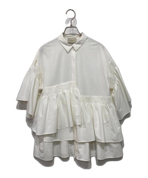 UNITED ARROWS TOKYO（ユナイテッドアローズトウキョウ）UNITED ARROWS TOKYO (ユナイテッドアローズトウキョウ) イレギュラー シャーリング 六分袖 ブラウス ソリッド ホワイト サイズ:36の古着・服飾アイテム