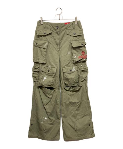 Vivienne Westwood RED LABEL（ヴィヴィアンウエストウッドレッドレーベル）Vivienne Westwood RED LABEL (ヴィヴィアンウエストウッドレッドレーベル) ヘリンボンツイルスプラッシュペイントワークパンツ オリーブ サイズ:00の古着・服飾アイテム