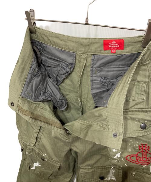Vivienne Westwood RED LABEL（ヴィヴィアンウエストウッドレッドレーベル）Vivienne Westwood RED LABEL (ヴィヴィアンウエストウッドレッドレーベル) ヘリンボンツイルスプラッシュペイントワークパンツ オリーブ サイズ:00の古着・服飾アイテム