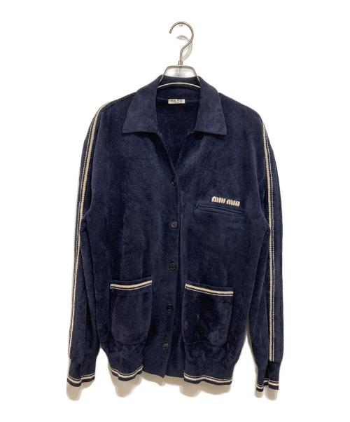 MIU MIU（ミュウミュウ）MIU MIU (ミュウミュウ) ビスコースブレンドロゴカーディガン アイボリー×ネイビー サイズ:40の古着・服飾アイテム