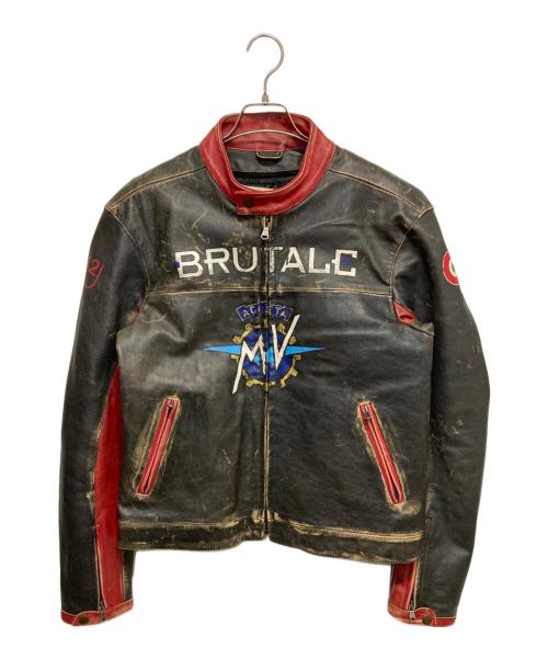 HYDROGEN（ハイドロゲン）HYDROGEN (ハイドロゲン) ペイントレザーモーターサイクルジャケット レッド×ブラック サイズ:Lの古着・服飾アイテム