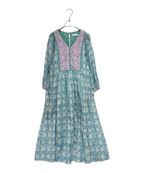 ne quittez pas（ヌキテパ）ne quittez pas (ヌキテパ) Cotton Lurex Tulip Print Yoke Embroidery Dress ブルー サイズ:Sの古着・服飾アイテム