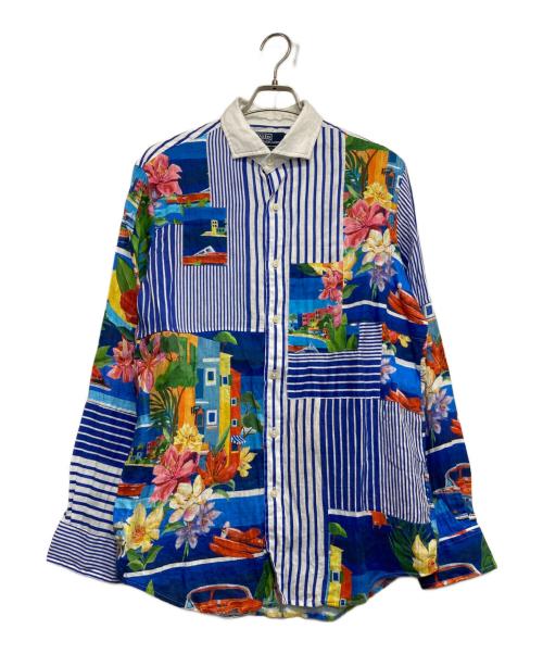 POLO RALPH LAUREN（ポロ・ラルフローレン）POLO RALPH LAUREN (ポロ・ラルフローレン) パッチワークリネンシャツ ホワイト×ブルー サイズ:Lの古着・服飾アイテム