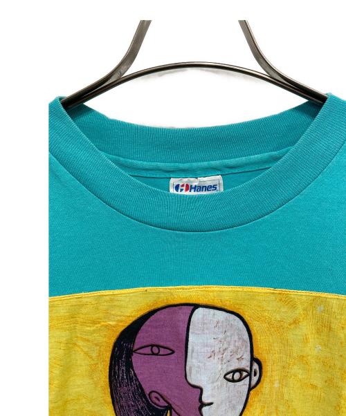 Hanes（ヘインズ）Hanes (ヘインズ) 黄色い背景の女 アートTシャツ ブルー サイズ:XLの古着・服飾アイテム