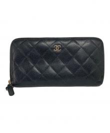 CHANEL（シャネル）の古着「キャビアスキンマトラッセラウンドジップウォレット」｜ブラック