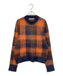 Acne studios（アクネ ストゥディオズ）の古着「アルパカブレンドブロックチェックニット」｜オレンジ×ネイビー