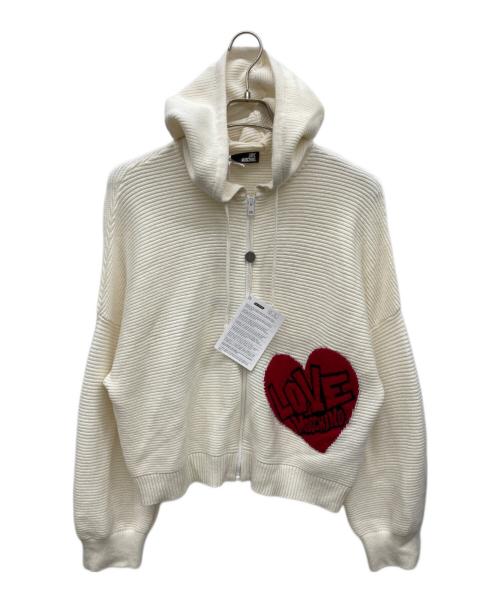 LOVE MOSCHINO（ラブモスキーノ）LOVE MOSCHINO (ラブモスキーノ) ロゴ インターシャ ジップド カーディガン ホワイト サイズ:42の古着・服飾アイテム
