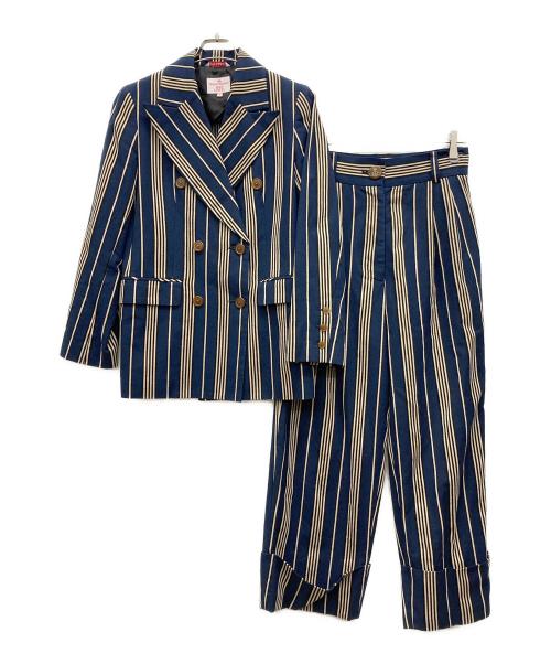 Vivienne Westwood RED LABEL（ヴィヴィアンウエストウッドレッドレーベル）Vivienne Westwood RED LABEL (ヴィヴィアンウエストウッドレッドレーベル) ピークドラペルダブルブレストストライプジャケット ネイビー サイズ:2の古着・服飾アイテム