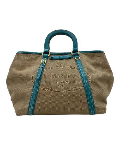 PRADA（プラダ）PRADA (プラダ) カナパキャンバスハンドバッグ ベージュ×ターコイズの古着・服飾アイテム