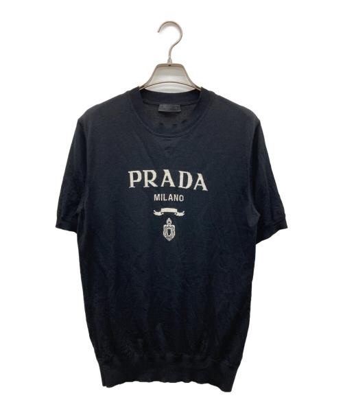 PRADA（プラダ）PRADA (プラダ) ロゴジャガードハイゲージ ウールショートスリーブニット ブラック サイズ:SZ46の古着・服飾アイテム