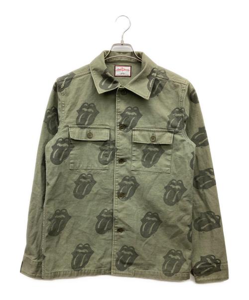 ROLLING STONES（ローリングストーンズ）ROLLING STONES (ローリングストーンズ) MARBLES (マーブルズ) ミリタリーシャツジャケット　Lips&Tongue カーキ サイズ:Mの古着・服飾アイテム
