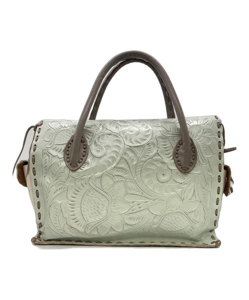 Carving Tribes（カービングトライブス）Carving Tribes (カービングトライブス) バイカラー型押しレザーバッグ ベージュ×ライトブルーの古着・服飾アイテム