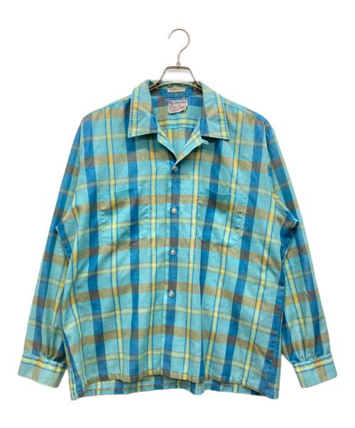 kentfield（ケントフィールド）Kentfield (ケントフィールド) 60s～70s オープンカラーチェックシャツ スカイブルー サイズ:17-XL-17 1/2の古着・服飾アイテム