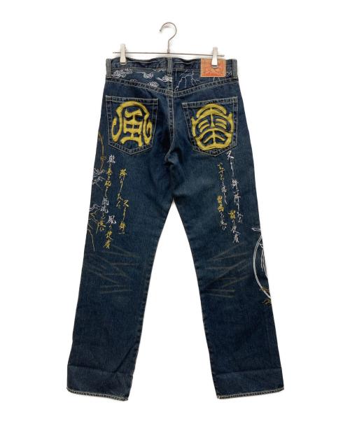 豊天商店（ブーデンショウテン）豊天商店 (ブーデンショウテン) 刺繍デニムパンツ 風神・雷神 インディゴ サイズ:Lの古着・服飾アイテム