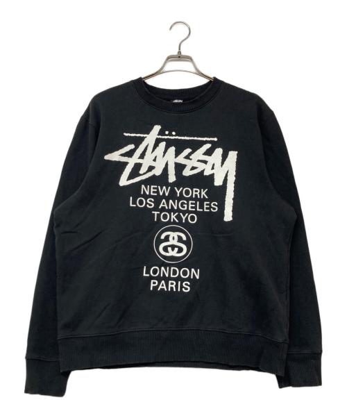 stussy（ステューシー）stussy (ステューシー) ワールドツアー プリントスウェット ブラック サイズ:Mの古着・服飾アイテム