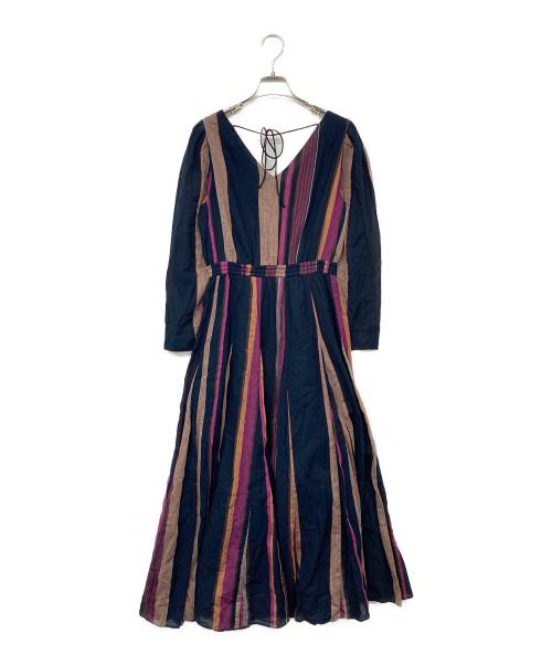 ne quittez pas（ヌキテパ）ne quittez pas (ヌキテパ) Vネックロングワンピース ネイビー×パープル サイズ:記載なしの古着・服飾アイテム