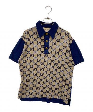 GUCCI ポロシャツ　ネイビー/ベージュ　金ボタン　一回のみ使用 中古・古着通販】GUCCI (グッチ) GGコットンシルクジャカード