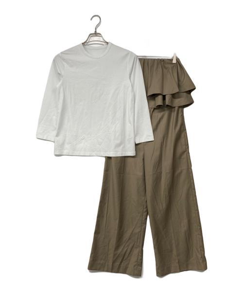 Mila Owen（ミラオーウェン）Mila Owen (ミラオーウェン) ラッフルベアオールインワンTシャツSET ホワイト×ベージュの古着・服飾アイテム