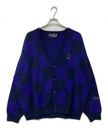RAF SIMONS×FRED PERRY（ラフシモンズ×フレッドペリー）の古着「RS CHECKERBOARD CARDIGAN」｜ブラック×パープル