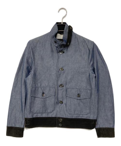 Cinquanta（チンクワンタ）Cinquanta (チンクワンタ) レザー切替 シャンブレー リネンコットンバルスター ブルゾン インディゴ サイズ:44の古着・服飾アイテム
