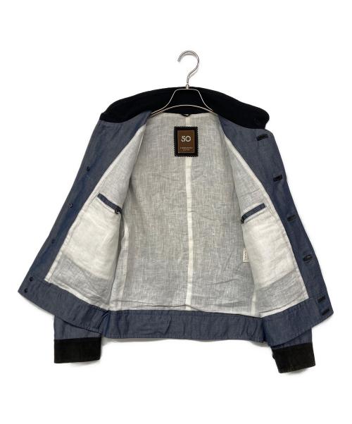 Cinquanta（チンクワンタ）Cinquanta (チンクワンタ) レザー切替 シャンブレー リネンコットンバルスター ブルゾン インディゴ サイズ:44の古着・服飾アイテム