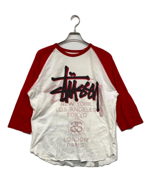 stussy（ステューシー）stussy (ステューシー) 00's world tour ラグランカットソー レッド×ホワイト サイズ:XLの古着・服飾アイテム