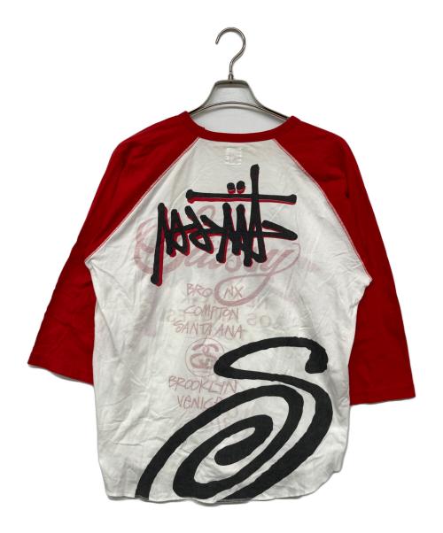 stussy（ステューシー）stussy (ステューシー) 00's world tour ラグランカットソー レッド×ホワイト サイズ:XLの古着・服飾アイテム