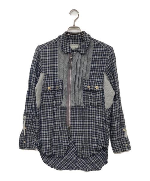 TAKAHIROMIYASHITA TheSoloIst.（タカヒロミヤシタ ザソロイスト）TAKAHIROMIYASHITA TheSoloIst. (タカヒロミヤシタ ザソロイスト) ウールZIP UPチェックシャツ ネイビー×グレー サイズ:Sの古着・服飾アイテム