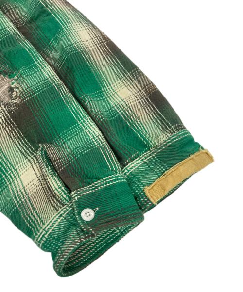 BOWWOW（バウワウ）BOWWOW (バウワウ) HEAVY WEIGHT FLANNEL SHIRTS AGING リペアデザインチェックシャツ グリーン×ホワイト サイズ:XLの古着・服飾アイテム