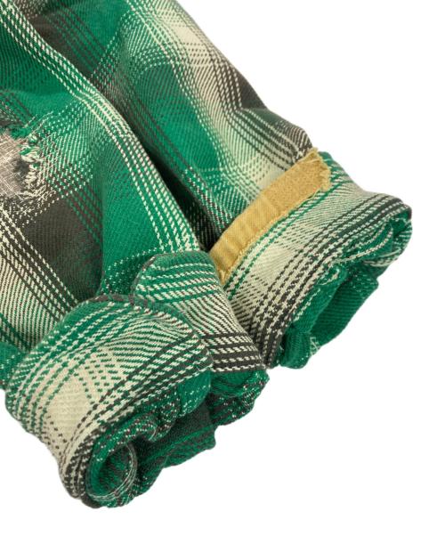 BOWWOW（バウワウ）BOWWOW (バウワウ) HEAVY WEIGHT FLANNEL SHIRTS AGING リペアデザインチェックシャツ グリーン×ホワイト サイズ:XLの古着・服飾アイテム