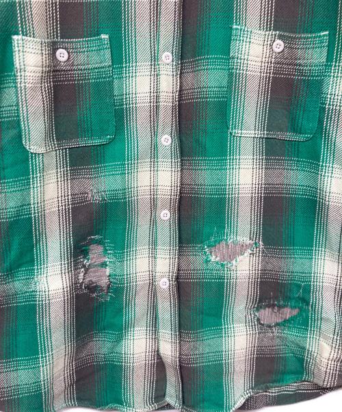 BOWWOW（バウワウ）BOWWOW (バウワウ) HEAVY WEIGHT FLANNEL SHIRTS AGING リペアデザインチェックシャツ グリーン×ホワイト サイズ:XLの古着・服飾アイテム